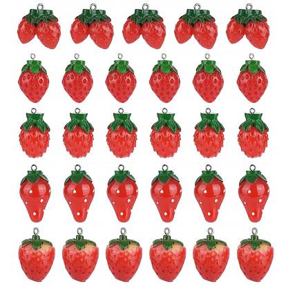 25Pcs 5 Sizes Resin Strawberry Pendants, with Platinum Tone Iron Loops, Imitation Food