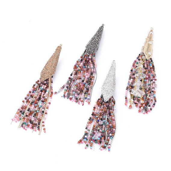 Кулоны с большой кисточкой из ограненных натуральных камней, с бусинами из латуни и полимерной глины со стразами / жемчугом