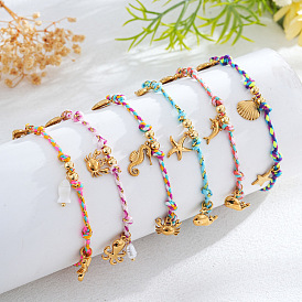 Bracelet ajustable en acier inoxydable avec breloque océan et cordon en coton tressé, or