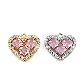 Brass Micro Pave Pink Cubic Zirconia Charms, Heart Charms, Rack Plating, Long-Lasting Plated, Cadmium Free & Lead Free