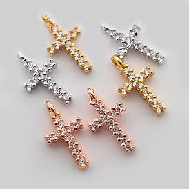 Brass Micro Pave Cubic Zirconia Latin Cross Pendants, Cadmium Free & Nickel Free & Lead Free