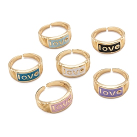 Brass Enamel Cuff Rings, Open Rings, Long-Lasting Plated, Rectangle with Word Love, Golden