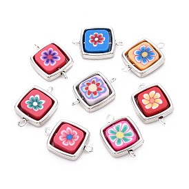 Полимерная глина квадрат с бусинами-цветочками и пластиковой квадратной рамкой с подвесками-соединителями, с латунными двойными петлями, платина