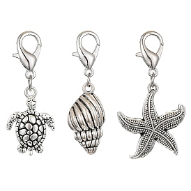 Marine Animal Alloy Pendant Decorations, with Zinc Alloy Lobster Claw Clasps Charms, Starfish/Conch/Turtle