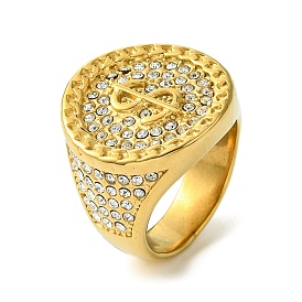 Flat Round with Dollar Sign 304 Stainless Steel Rhinestone Signet Rings, Wide Band Ring for Men