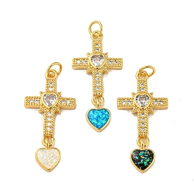 Cross with Heart Brass Pendants Micro Pave Cubic Zirconia with Synthetic Opal, with Jump Rings, Real 18K Gold Plated