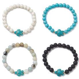 Round Gemstone Beaded Stretch Bracelets, Summer Beach Turtle Synthetic Turquoise Bracelets for Women Men
