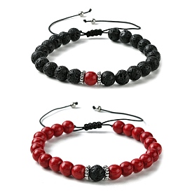 2pcs 2 style couple bracelets cadeau pour la Saint-Valentin, bracelets de perles tressées en turquoise synthétique teintée et en pierre de lave naturelle, bracelets tressés cordon réglable