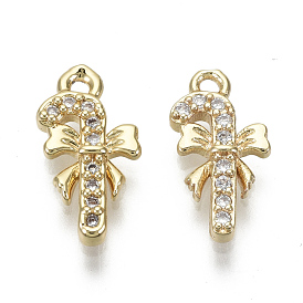 Brass Micro Pave Clear Cubic Zirconia Charms, Nickel Free, Christmas Crutch with Bowknot
