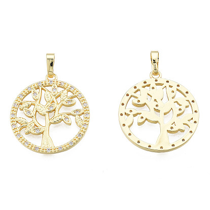 Brass Micro Pave Clear Cubic Zirconia Pendants, with Brass Snap on Bails, Nickel Free, Hollow, Flat Round with Tree
