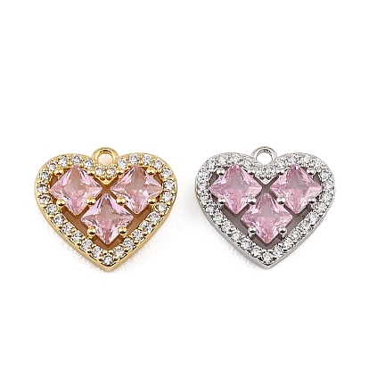Brass Micro Pave Pink Cubic Zirconia Charms, Heart Charms, Rack Plating, Long-Lasting Plated, Cadmium Free & Lead Free