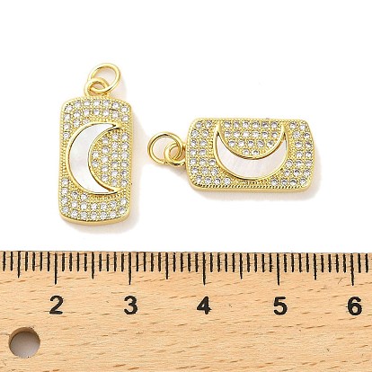 Brass Micro Pave Cubic Clear Zirconia Pendants, with Shell, Jump Ring, Rectangle
