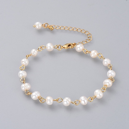 Beaded Bracelets, with Grade A Natural Freshwater Pearl Beads and Brass Extension Chains