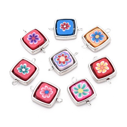 Полимерная глина квадрат с бусинами-цветочками и пластиковой квадратной рамкой с подвесками-соединителями, с латунными двойными петлями, платина