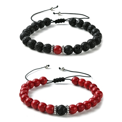 2Pcs 2 Style Couple Bracelets Gift for Valentine's Day, Dyed Synthetic Turquoise & Natural Lava Rock Braided Bead Bracelets, Adjustable Braided Cord Bracelets