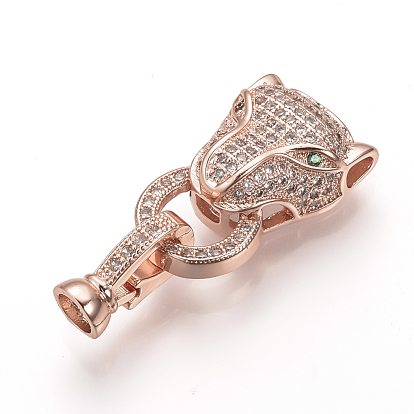 Brass Micro Pave Cubic Zirconia Fold Over Clasps, Cheetah Head