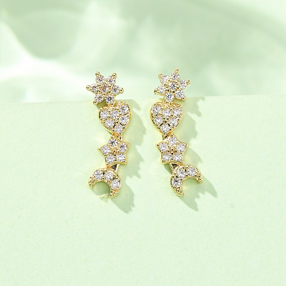 Brass Pave Cubic Zirconia Stud Crawler Earrings, Flower & Heart & Star & Moon, Real 18K Gold Plated, Cadmium Free & Lead Free, Long-Lasting Plated, Rack Plating