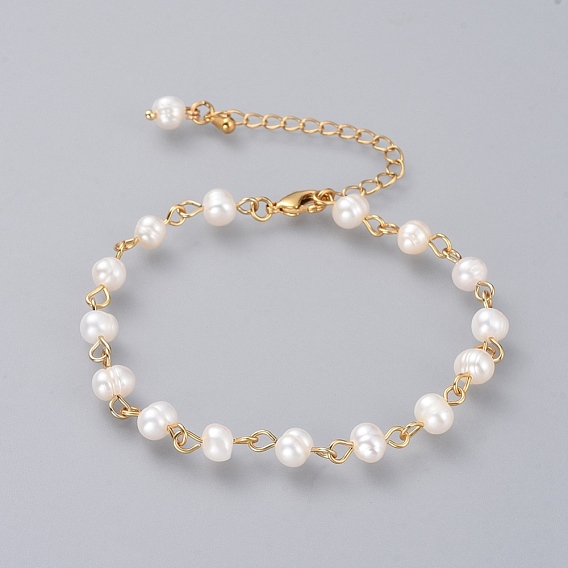 Beaded Bracelets, with Grade A Natural Freshwater Pearl Beads and Brass Extension Chains