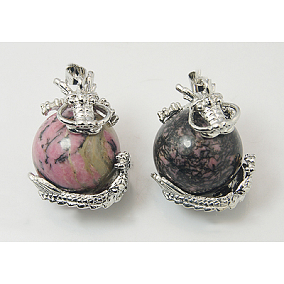 Natural Rhodonite Pendants, with Brass Findings, Dragon with Round