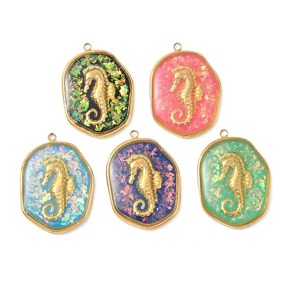 304 подвески из нержавеющей стали, эпоксидной смолы, с натуральными ракушками и пайетками внутри, овал с подвесками в виде морского конька, реальный 18 k позолоченный, вакуумное покрытие pvd