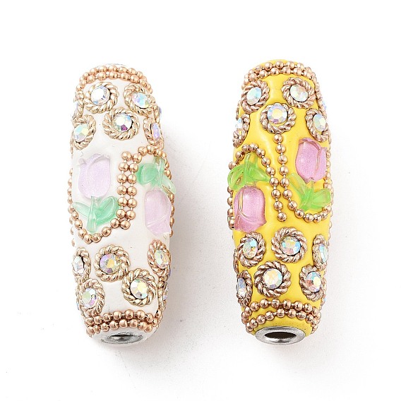 Индонезийские бусины ручной работы, с железом, смола и стекло, длинный овал с цветком, золотые