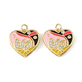 Brass Micro Pave Clear Cubic Zirconia Pendants, with Enamel, Heart with Flower Charms, Colorful