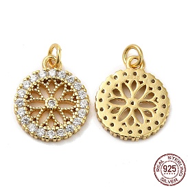 925 Sterling Silver Micro Pave Cubic Zirconia Charms, Flat Round with Flower Charm, with Jump Ring