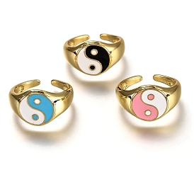Brass Enamel Cuff Rings, Open Rings, Long-Lasting Plated, Flat Round with Gossip/Yin Yang, Real 18K Gold Plated