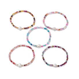 8mm Faceted Round Natural Agate(Dyed & Heated) Beaded Stretch Bracelets, Natural Cultured Freshwater Pearl Bracelets for Women