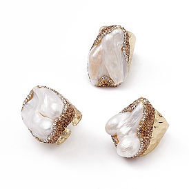 Irregular Natural Pearl Cuff Ring with Rhinestone, Rack Plating Brass Wide Band Ring for Women, Cadmium Free & Lead Free