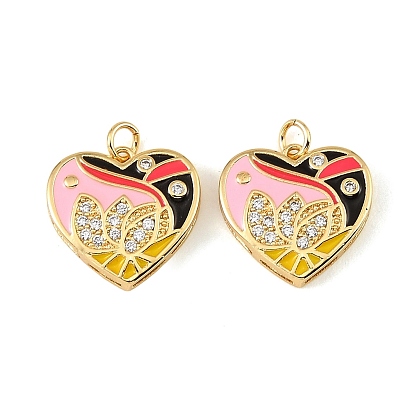 Brass Micro Pave Clear Cubic Zirconia Pendants, with Enamel, Heart with Flower Charms, Colorful