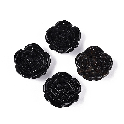 Natural Obsidian Carved Pendants, Rose Flower Charms