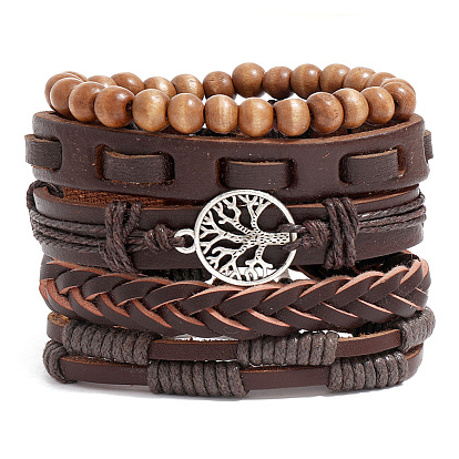 5Pcs 5 Style PU Leather Cord Bracelets Set, Tree of Life Alloy Links & Wood Beaded Stackable Bracelets