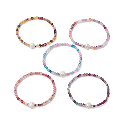 8mm Faceted Round Natural Agate(Dyed & Heated) Beaded Stretch Bracelets, Natural Cultured Freshwater Pearl Bracelets for Women