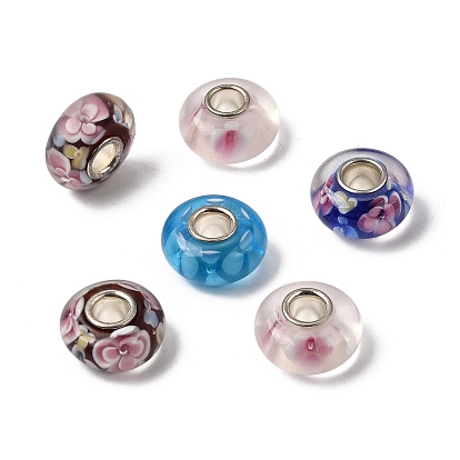 Бусины лэмпворк европейского стиля , со цветком внутри , бусины с большим отверстием, с серебристым покрытием из латуни, рондель
