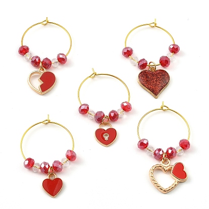 Valentine's Day Theme Heart Alloy Enamel Wine Glass Charms, with Glass Beads and Brass Hoop Earrings Findings