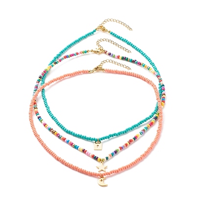 Ensemble de colliers pendentifs lune et étoile et cadenas, colliers empilables de perles de rocaille en verre de couleur bonbon pour les femmes, or