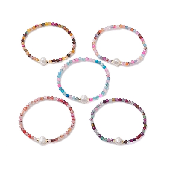 8mm Faceted Round Natural Agate(Dyed & Heated) Beaded Stretch Bracelets, Natural Cultured Freshwater Pearl Bracelets for Women