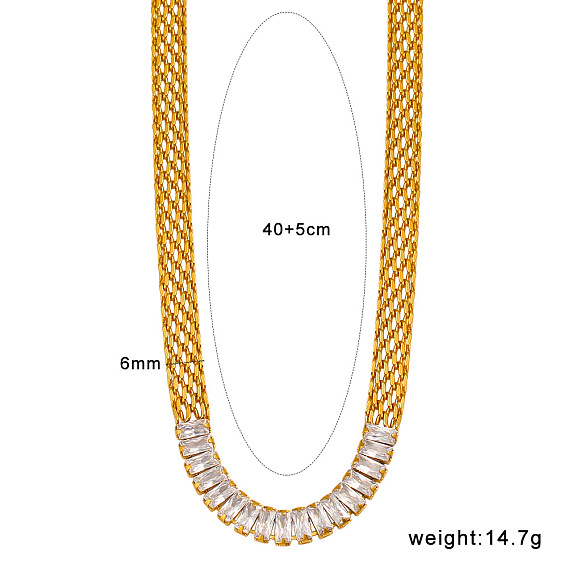 304 Stainless Steel Pave Rectangle Clear Cubic Zirconia Mesh Chain Necklaces for Women