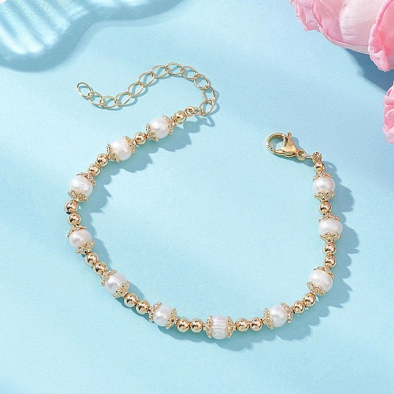 Браслеты из натурального культивированного пресноводного жемчуга и латунных бусин для женщин, круглые