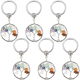 6шт. брелок из натуральных/синтетических смешанных драгоценных камней, с железными брелками и латунью, плоские круглые с дерева жизни