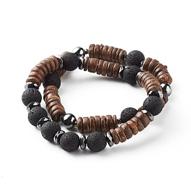 Natural Coconut Rondelle Beads Stretch Bracelets Set for Men Women, Natural Lava Rock & Non-Magnetic Synthetic Hematite Bracelets
