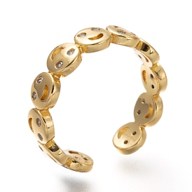 Brass Micro Pave Clear Cubic Zirconia Cuff Rings, Open Rings, Smiling Face, Cadmium Free & Lead Free