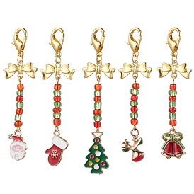 Christmas Theme Alloy Enamel Pendant Decorations, Glass Seed Beaded and Zinc Alloy Lobster Claw Clasps Charms, Mixed Shapes