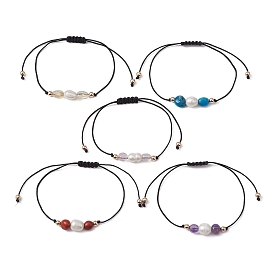 Natural Mixed Gemstone Nuggets & Pearl Braided Bead Bracelets, Nylon Adjustable Bracelet