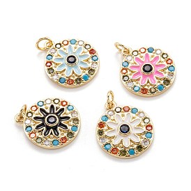 Real 18K Gold Plated Brass Micro Pave Cubic Zirconia Pendants, with Enamel and Jump Ring, Long-Lasting Plated, Flat Round with Flower