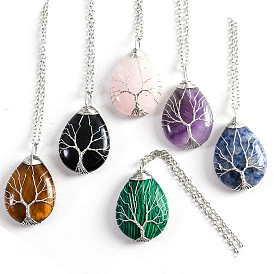 Large natural crystal stone necklace wrapped around silk tree of life crystal pendant water drop rough stone necklace sweater chain