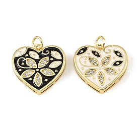 Brass Micro Pave Clear Cubic Zirconia Pendants, with Enamel, Heart with Flower Charms, Real 18K Gold Plated