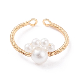 Shell Pearl Paw Print Braided Open Cuff Ring, Copper Wire Wrap Jewelry for Women