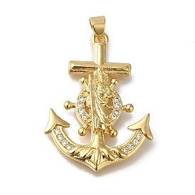 Rack Plating Brass Micro Pave Clear Cubic Zirconia Pendants, Long-Lasting Plated, Cadmium Free & Lead Free, Boat Anchor